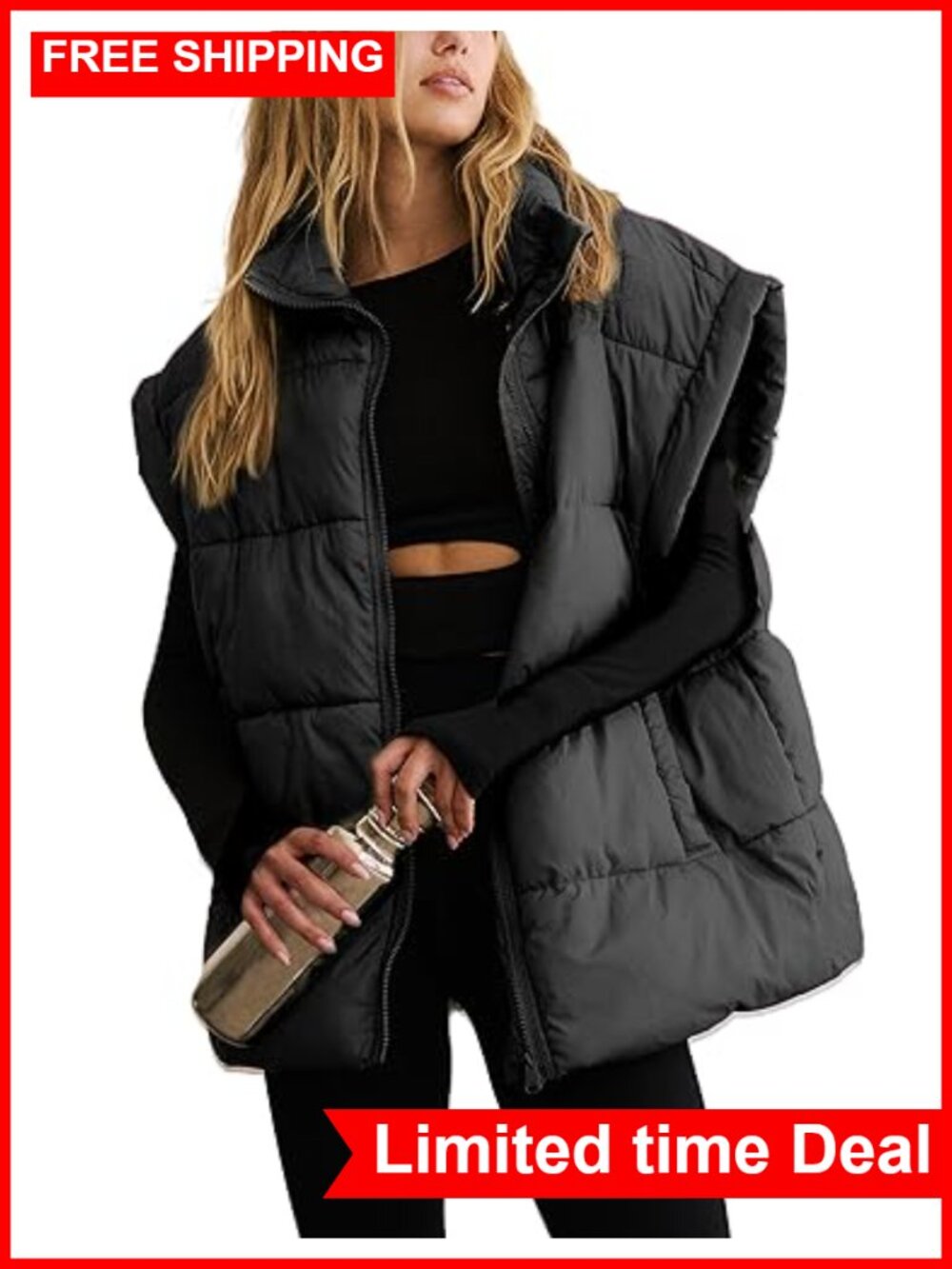 Womens Oversized Quilted Puffer Vest Zip Up Sleeveless Jacket